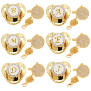 Initial Letter Baby Pacifier and Pacifier Clips BPA Free 26 Letters Name Silicone Infant Nipple Gold Bling Newborn Dummy Soother