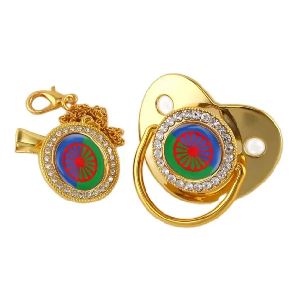 Gypsy Aromanian Romany Luxury Baby Pacifier With Chain Clip Romani Roma Flag Theme Newborn Baby Dummy Soother Nipple - Image 3