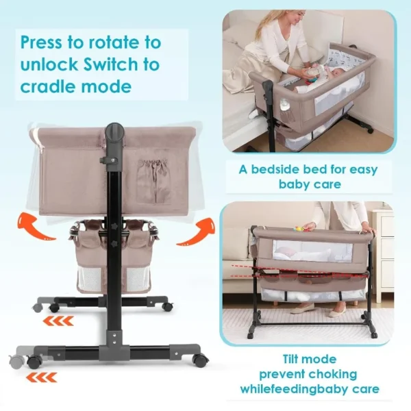 Nursery Bed with Mosquito Net Large Storage Bag Changing Bed Height Adjustable Travel Portable Crib Newborn Baby Boys & Girls - Image 2
