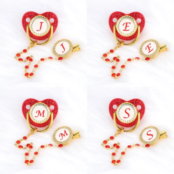 Red Zircon Luxury Baby Pacifier Clip 26 Letters Newborn Personalized Pacifiers Holder Silicone Infant Teether Nipple Bpa Free - Image 3