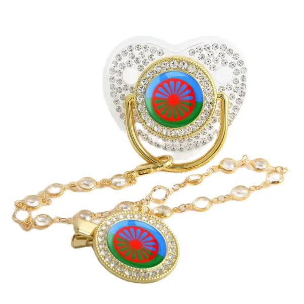 Gypsy Aromanian Romany Luxury Baby Pacifier With Chain Clip Romani Roma Flag Theme Newborn Baby Dummy Soother Nipple - Image 2