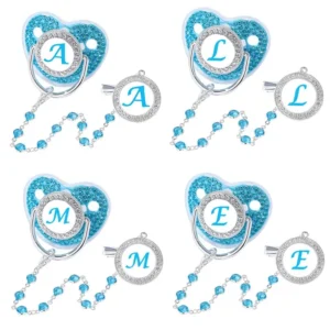 Bling Newborn Pacifier Clip Holder Set 26 Letter Baby Dummy Luxury Infant Soother Baby Shower Gift Silicone Toddler Teether Blue