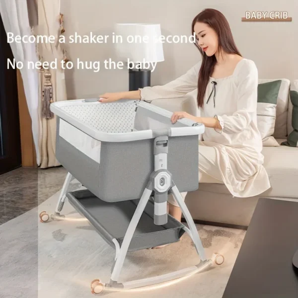 Baby Crib Portable Movable Foldable Height Adjustable Splicing Large Bed Multifunctional Baby Bedside Swing Cradle, Sleeping Bed - Image 2