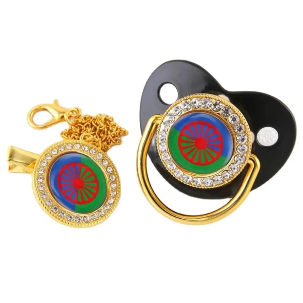 Gypsy Aromanian Romany Luxury Baby Pacifier With Chain Clip Romani Roma Flag Theme Newborn Baby Dummy Soother Nipple - Image 4