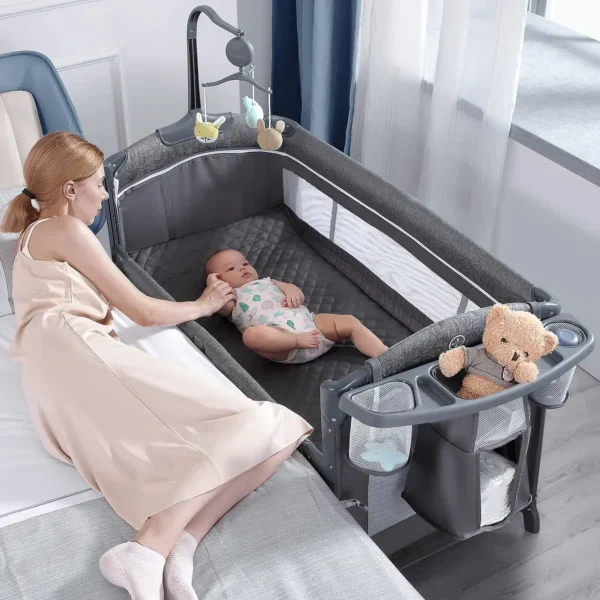 Cheap Hot selling OEM adjustable baby travel folding bed bedside bed crib side bed with wheels and diaper table for 0-3years - Image 2