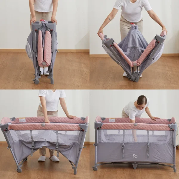Cheap Hot selling OEM adjustable baby travel folding bed bedside bed crib side bed with wheels and diaper table for 0-3years - Image 5