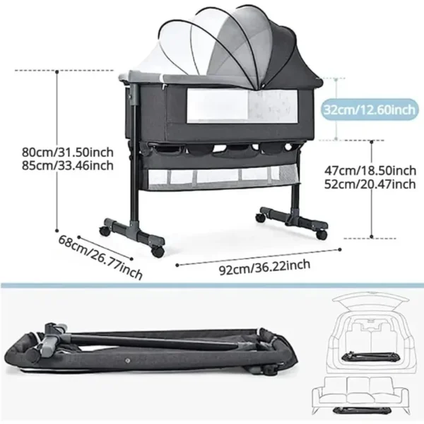 Nursery Bed with Mosquito Net Large Storage Bag Changing Bed Height Adjustable Travel Portable Crib Newborn Baby Boys & Girls - Image 6