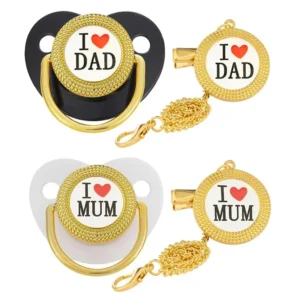 I Love Mum Dad Baby Pacifier Chain Clip Set No Zircon Newborn Soother for Boys Girls Toddler Silicone Dummy Infant Shower Gift